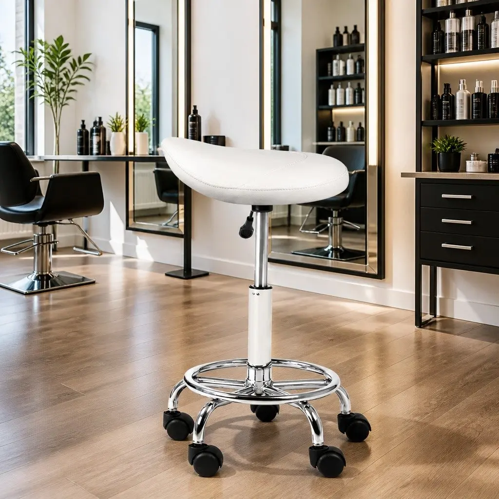 Salon Stool Saddle Swivel Chair 360° Rotatable Adjustable Height White