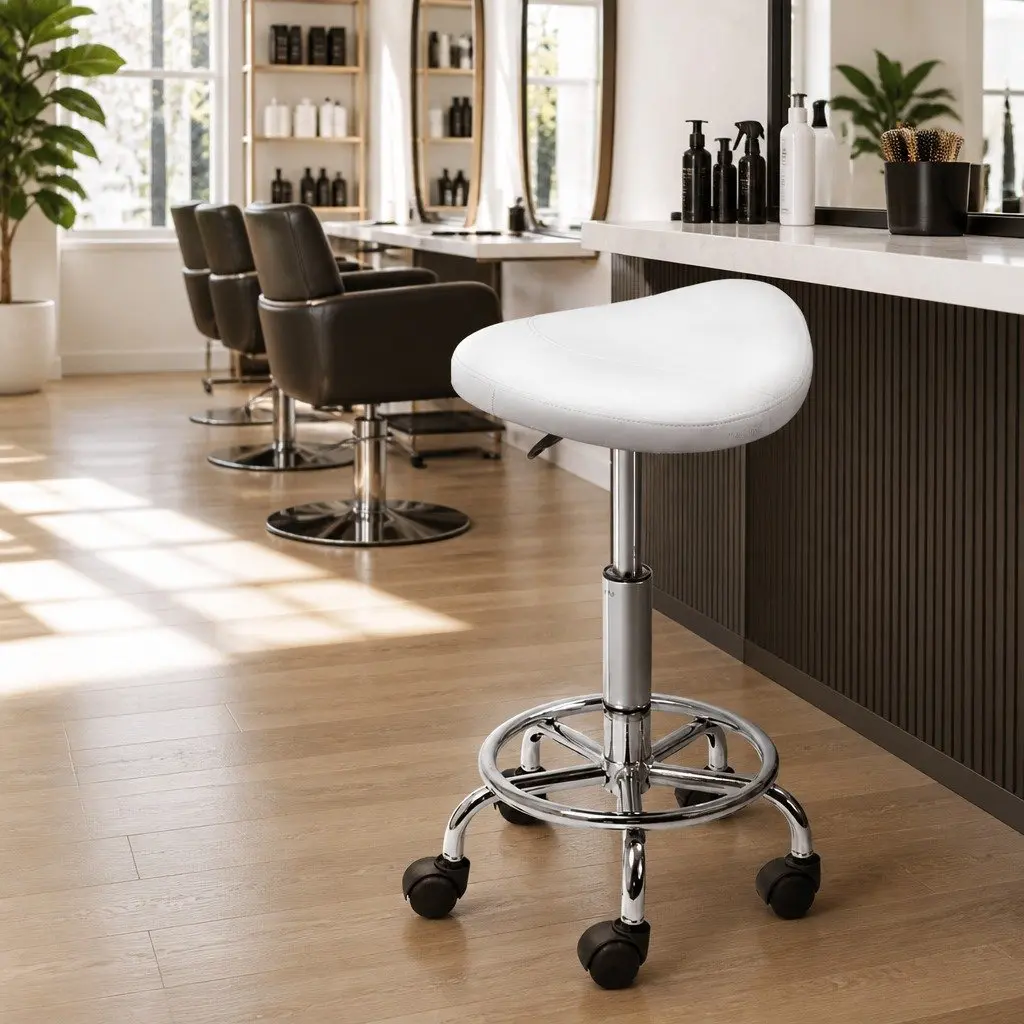 Salon Stool Saddle Swivel Chair 360° Rotatable Adjustable Height White