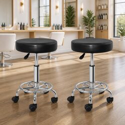 Salon Stool Round Swivel Chair Black Adjustable Height Castor Wheels x2