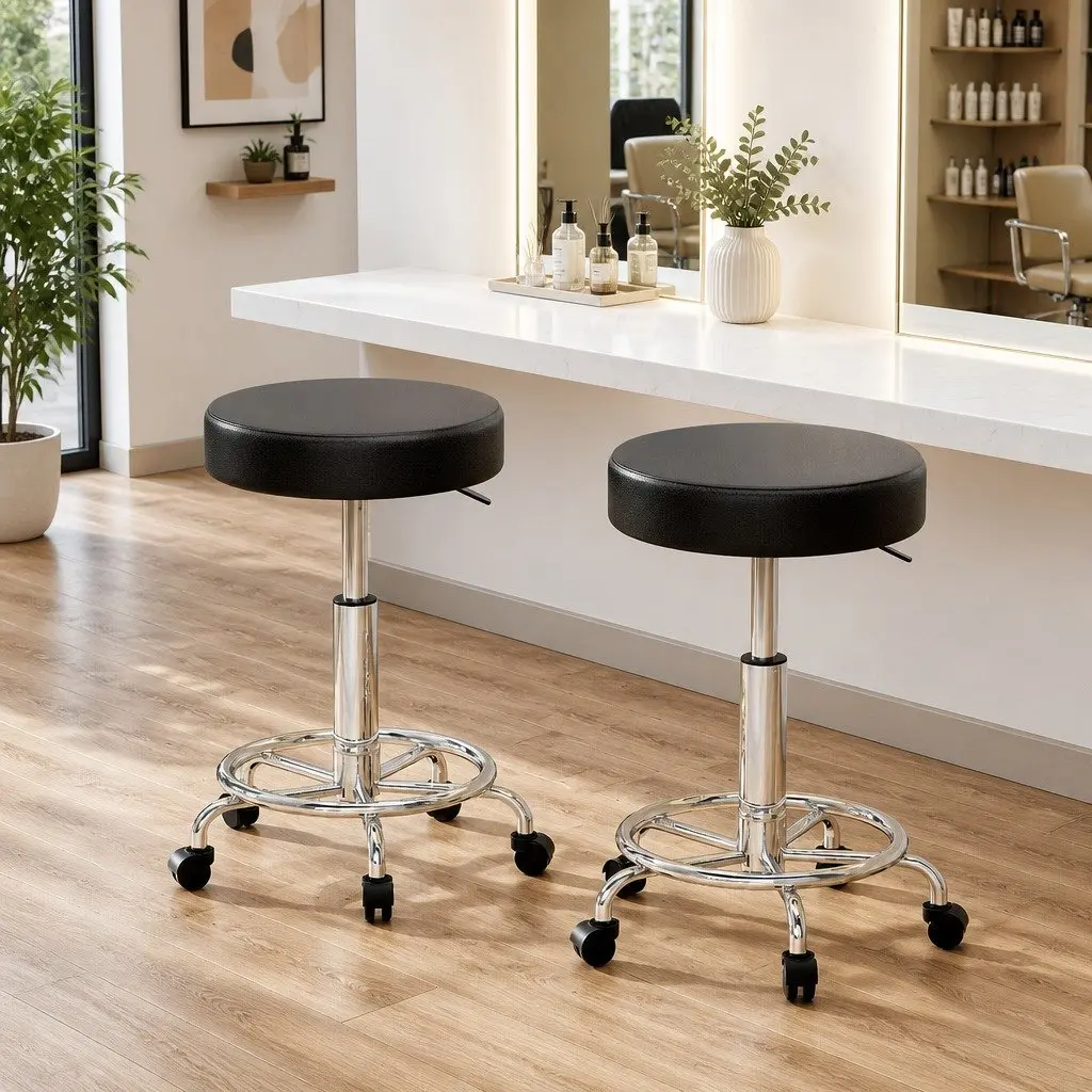 Salon Stool Adjustable Height Round Swivel Chair Black 2 Piece
