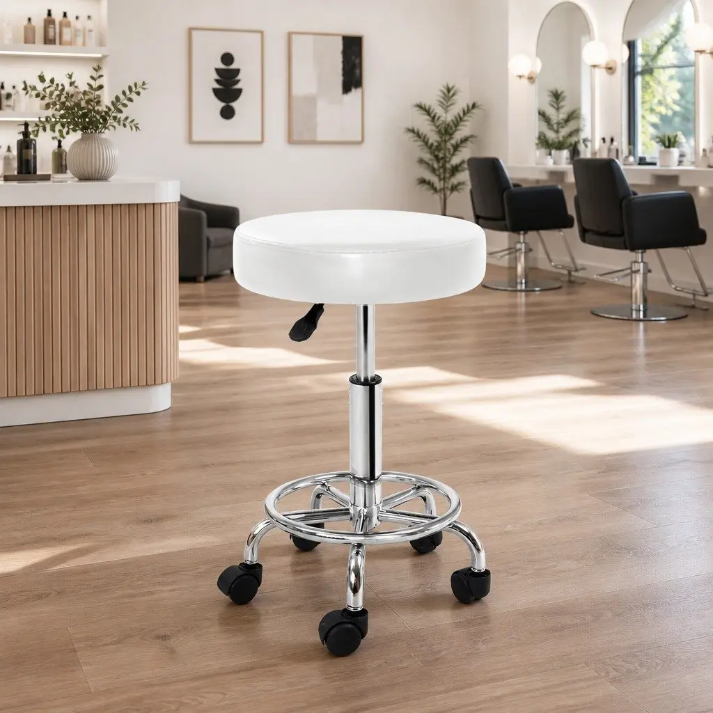 Salon Stool Adjustable Height Round Swivel Chair White PU Leather 360 Degree Rotatable Comfort