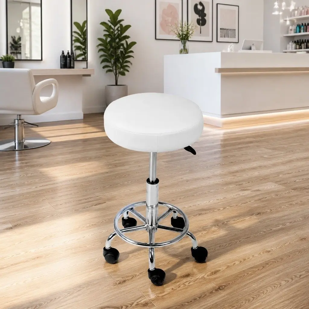 Salon Stool Adjustable Height Round Swivel Chair White PU Leather 360 Degree Rotatable Comfort