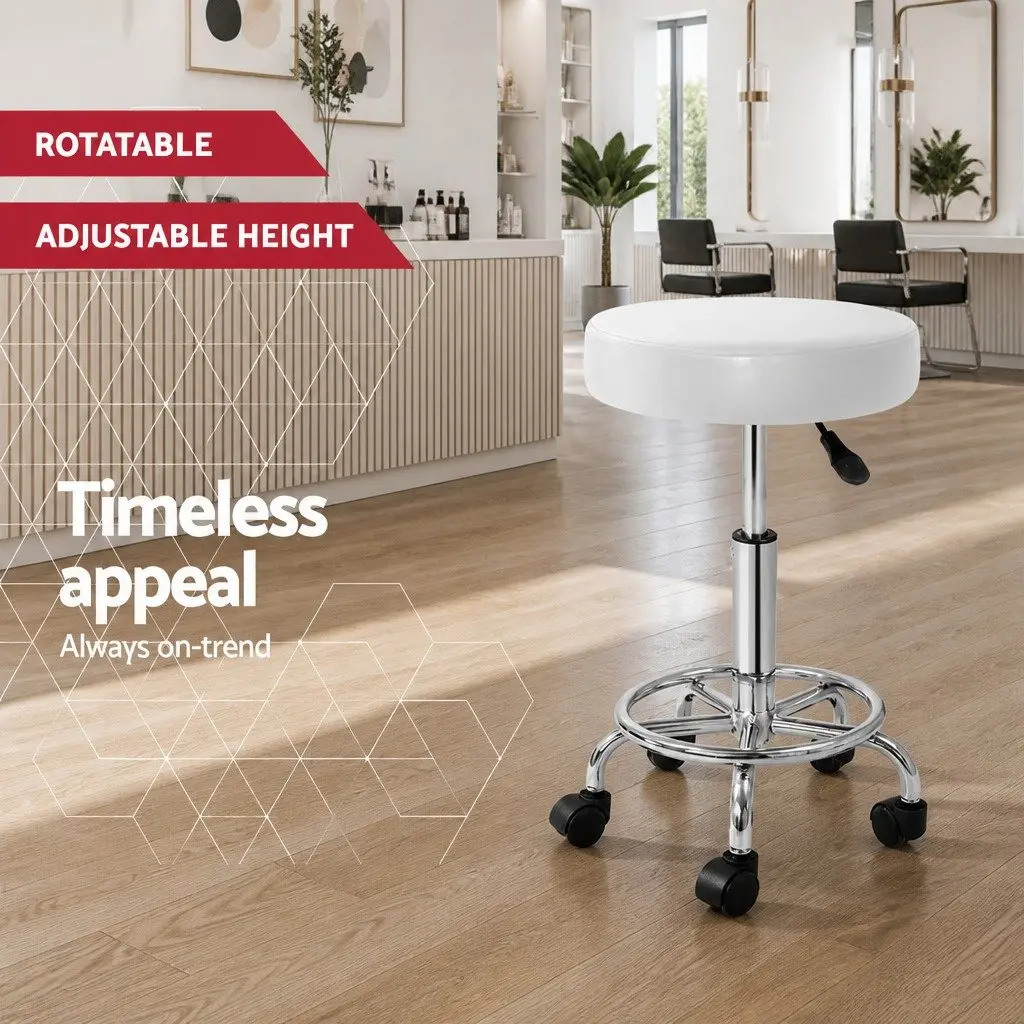 Salon Stool Adjustable Height Round Swivel Chair White PU Leather 360 Degree Rotatable Comfort