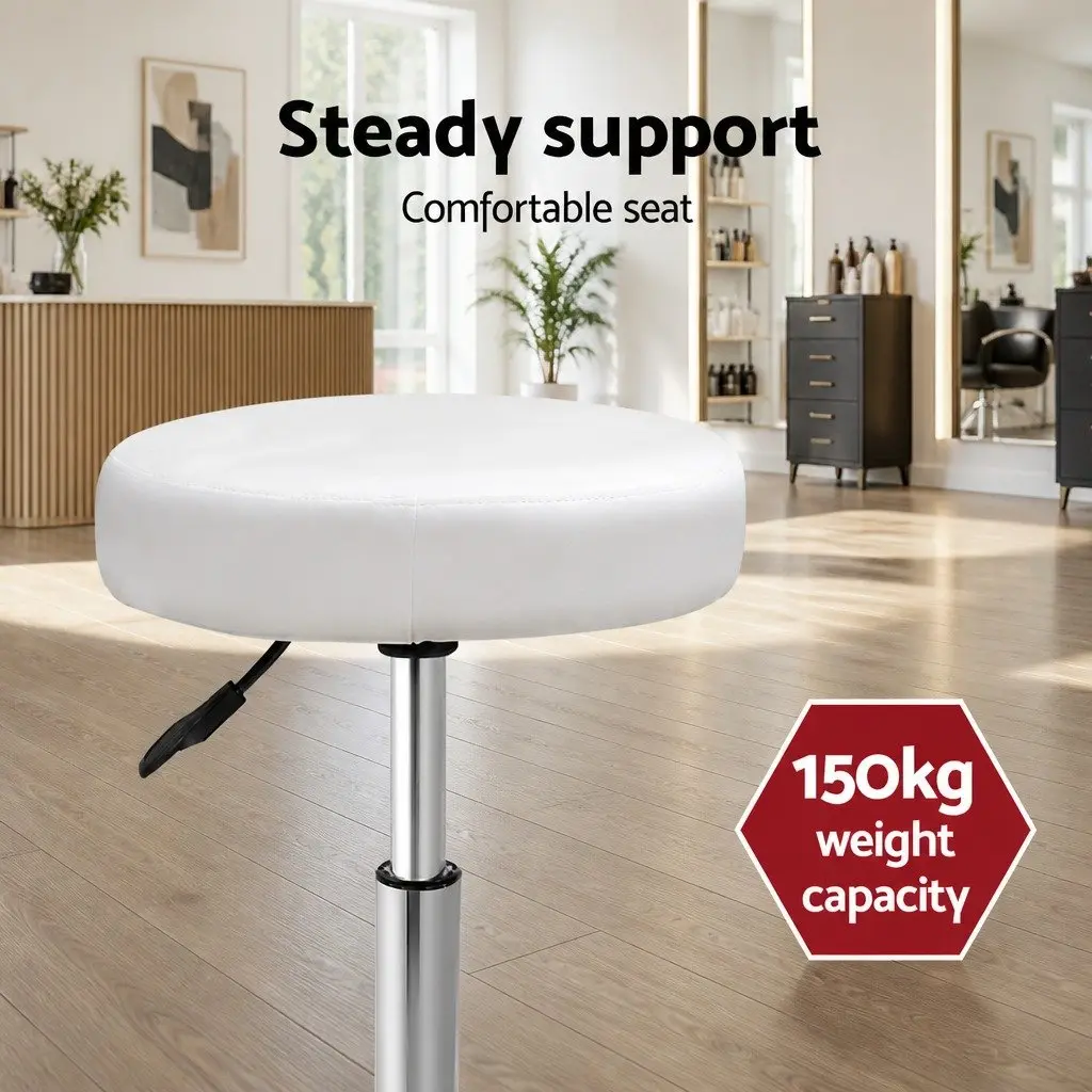 Salon Stool Adjustable Height Round Swivel Chair White PU Leather 360 Degree Rotatable Comfort