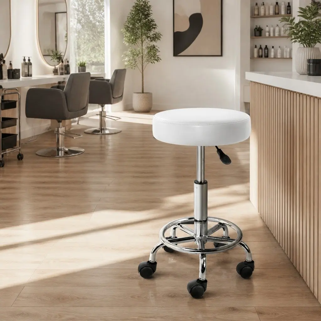 Salon Stool Adjustable Height Round Swivel Chair White PU Leather 360 Degree Rotatable Comfort