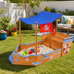 Sturdy Kids Wooden Sandbox Boat with Canopy & Accessories