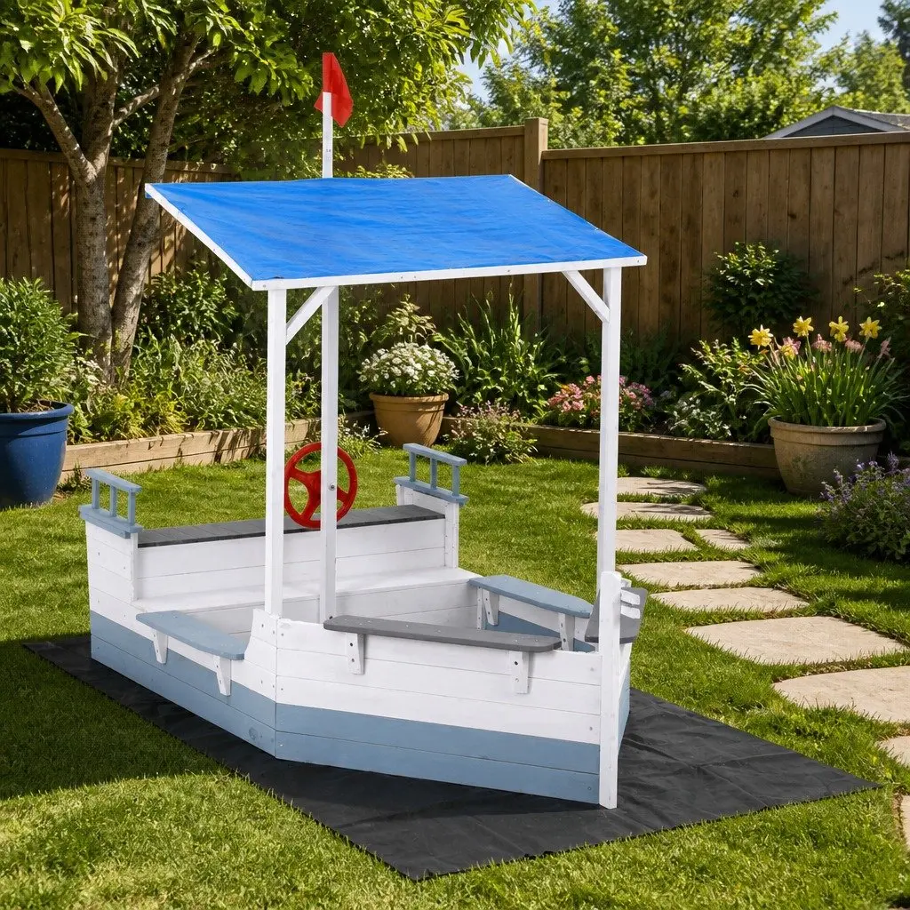 Kids Wooden Sandbox Boat-Shaped Outdoor Play Canopy Blue White 210cm x 110cm x 159cm