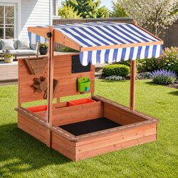 Kids Sandbox Wooden Canopy Sandpit Outdoor Playset Water Resistant Cover Funnel