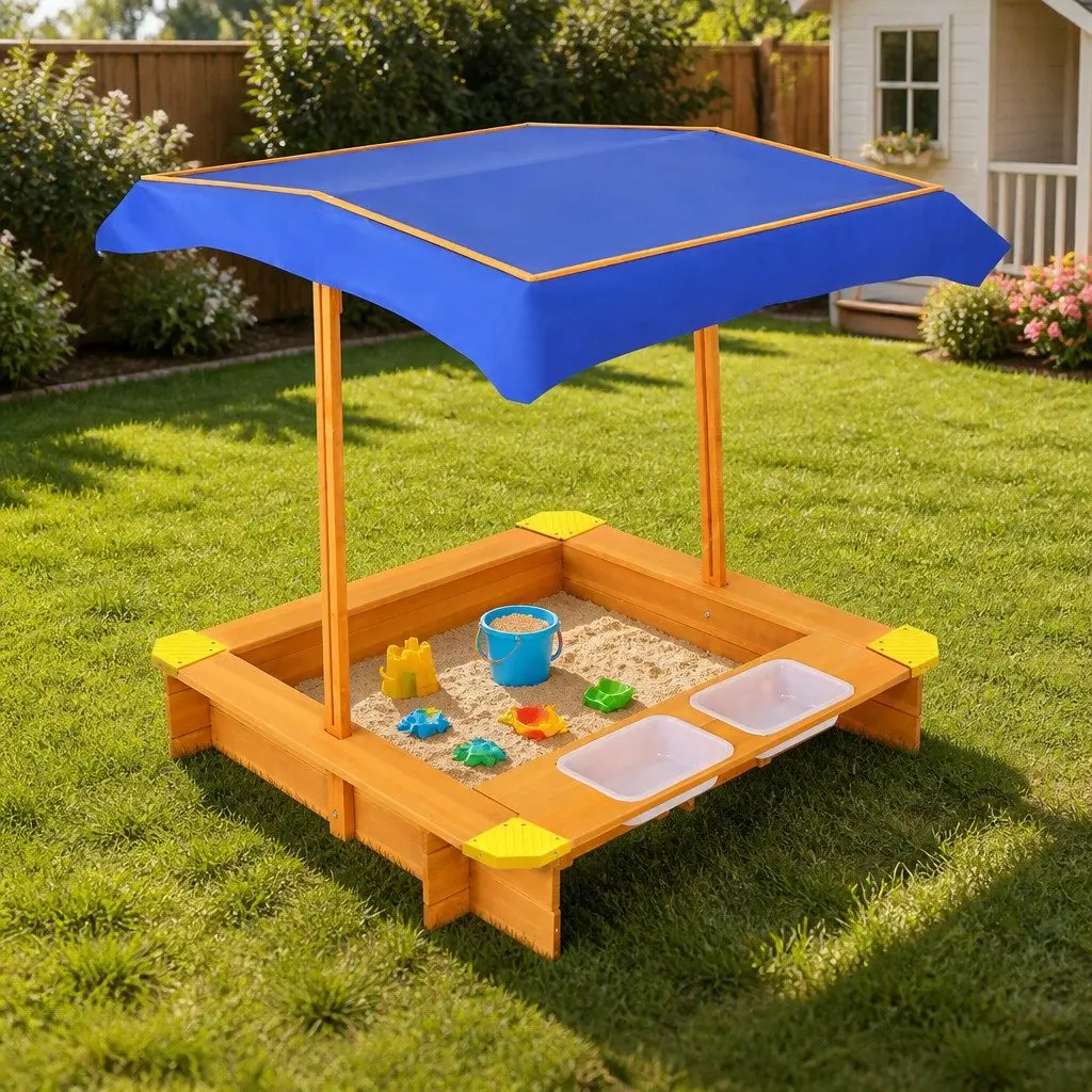 Kids Sandbox Outdoor Play Equipment 103cm Natural Wood with Adjustable Canopy and Dual Water Basins