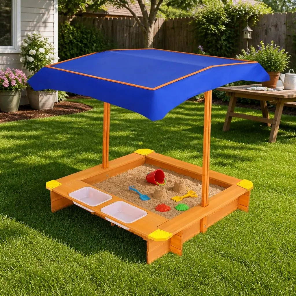 Kids Sandbox Outdoor Play Equipment 103cm Natural Wood with Adjustable Canopy and Dual Water Basins