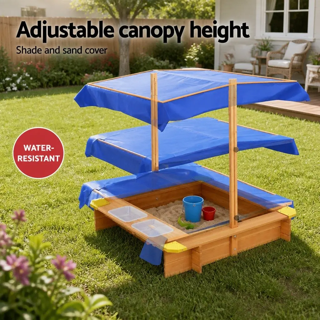 Kids Sandbox Outdoor Play Equipment 103cm Natural Wood with Adjustable Canopy and Dual Water Basins