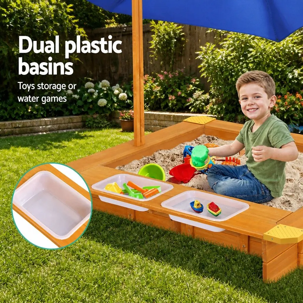 Kids Sandbox Outdoor Play Equipment 103cm Natural Wood with Adjustable Canopy and Dual Water Basins