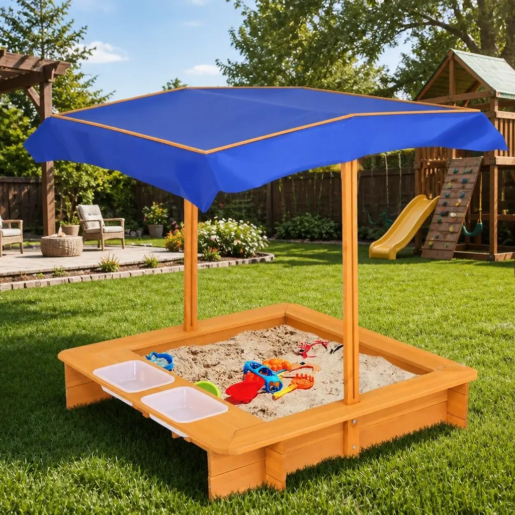 Kids Sandbox Outdoor Play Equipment 103cm Natural Wood with Adjustable Canopy and Dual Water Basins