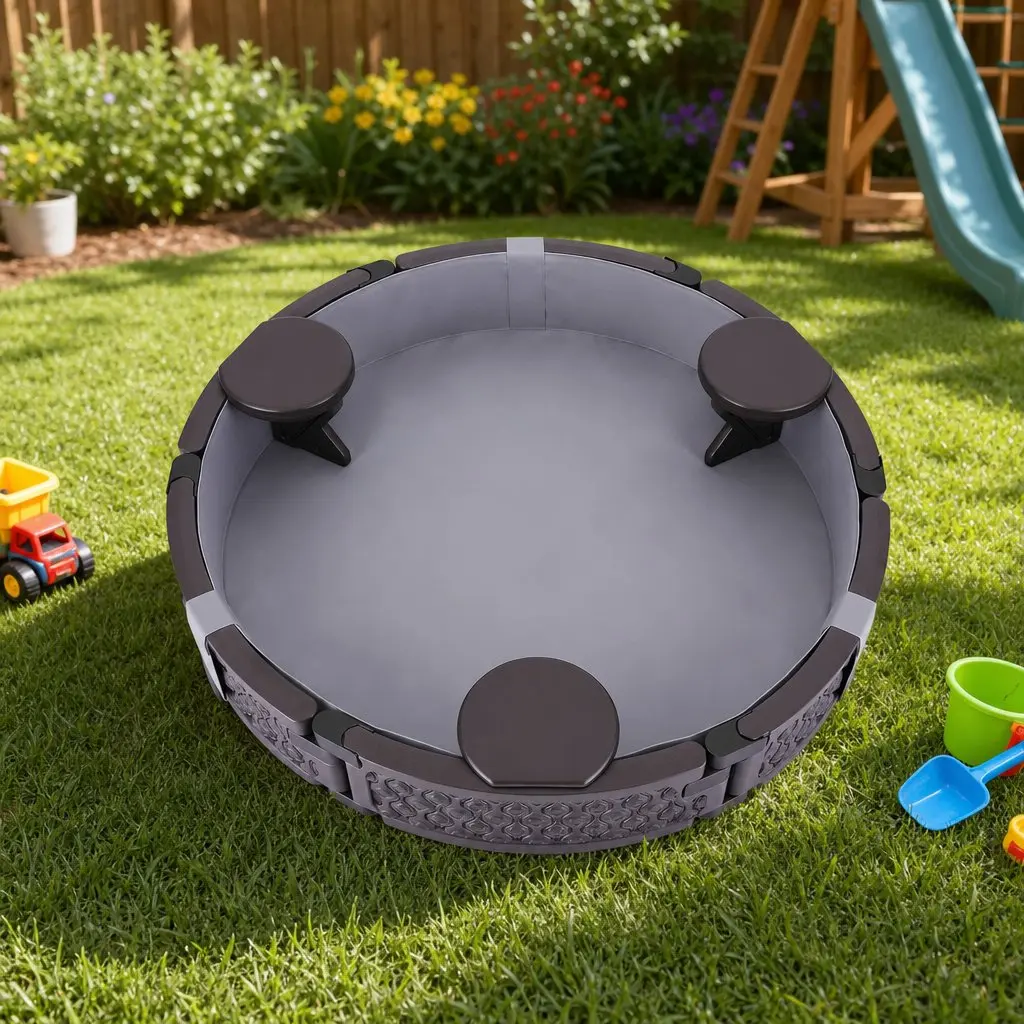 Kids Outdoor Sandpit Round 121cm Sandpit 3 Seats Brown