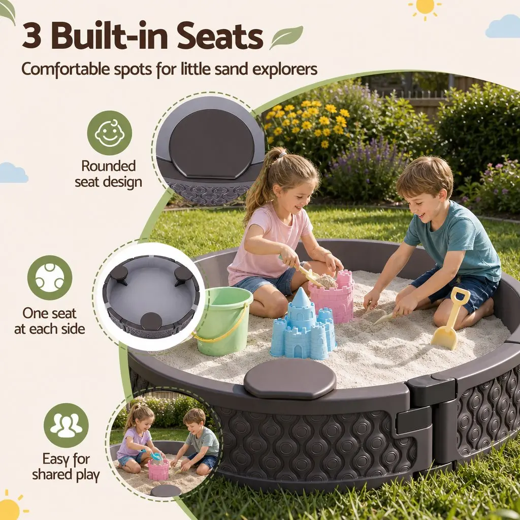 Kids Outdoor Sandpit Round 121cm Sandpit 3 Seats Brown