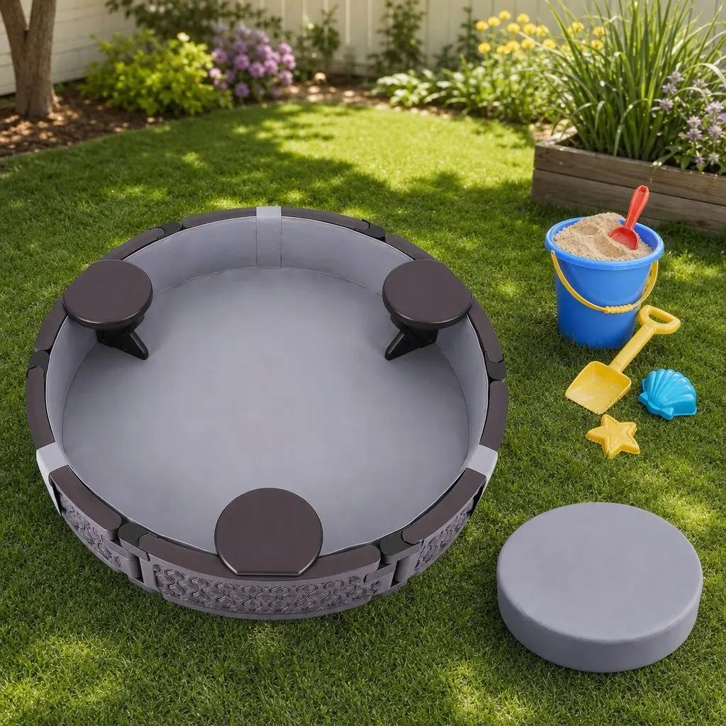 Kids Outdoor Sandpit Round 121cm Sandpit 3 Seats Brown