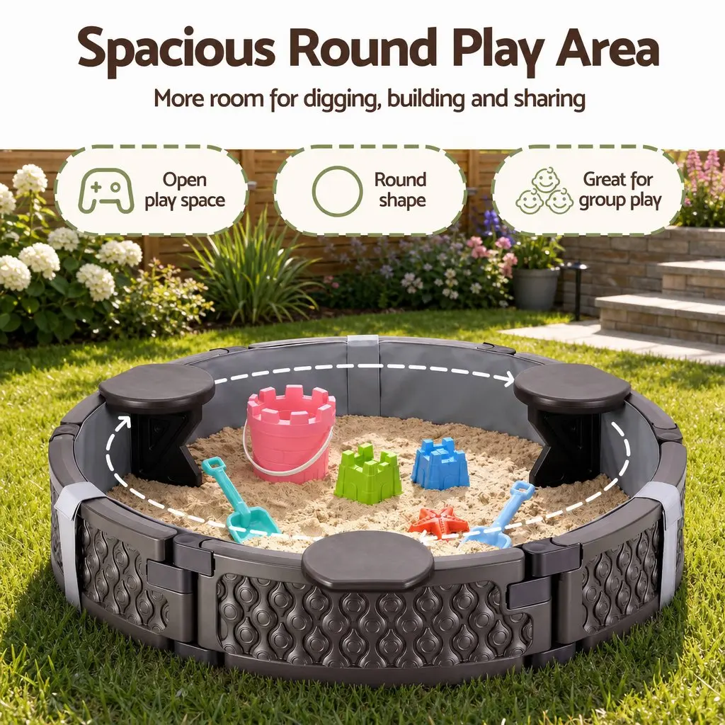 Kids Outdoor Sandpit Round 121cm Sandpit 3 Seats Brown