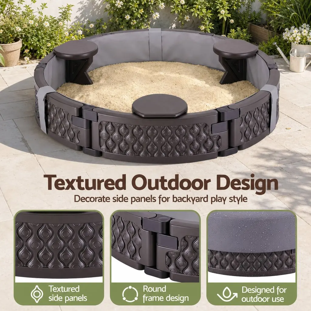 Kids Outdoor Sandpit Round 121cm Sandpit 3 Seats Brown
