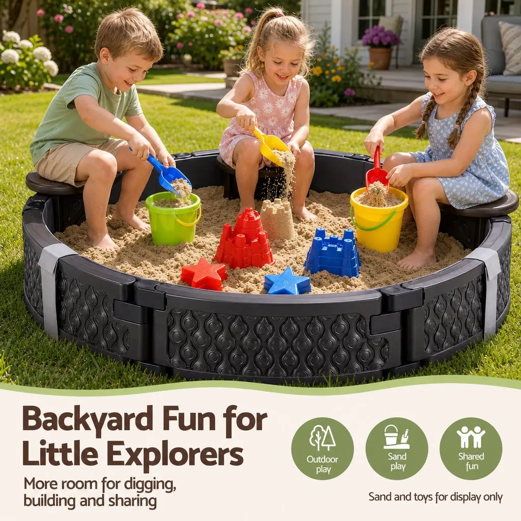 Kids Outdoor Sandpit Round 121cm Sandpit 3 Seats Brown