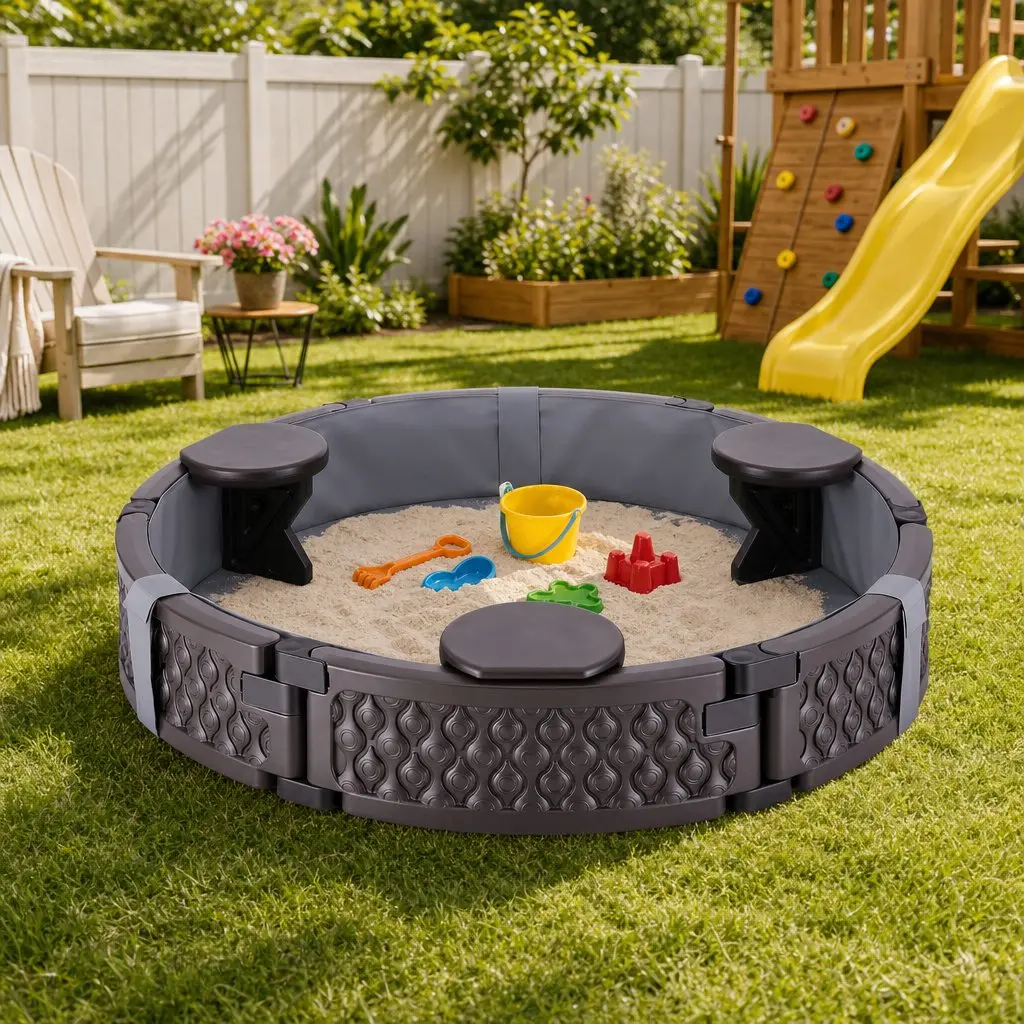 Kids Outdoor Sandpit Round 121cm Sandpit 3 Seats Brown