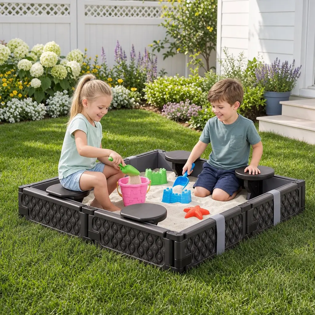Kids Sandbox Outdoor Square Sandpit with 4 Seats Brown and Grey Liner Cover