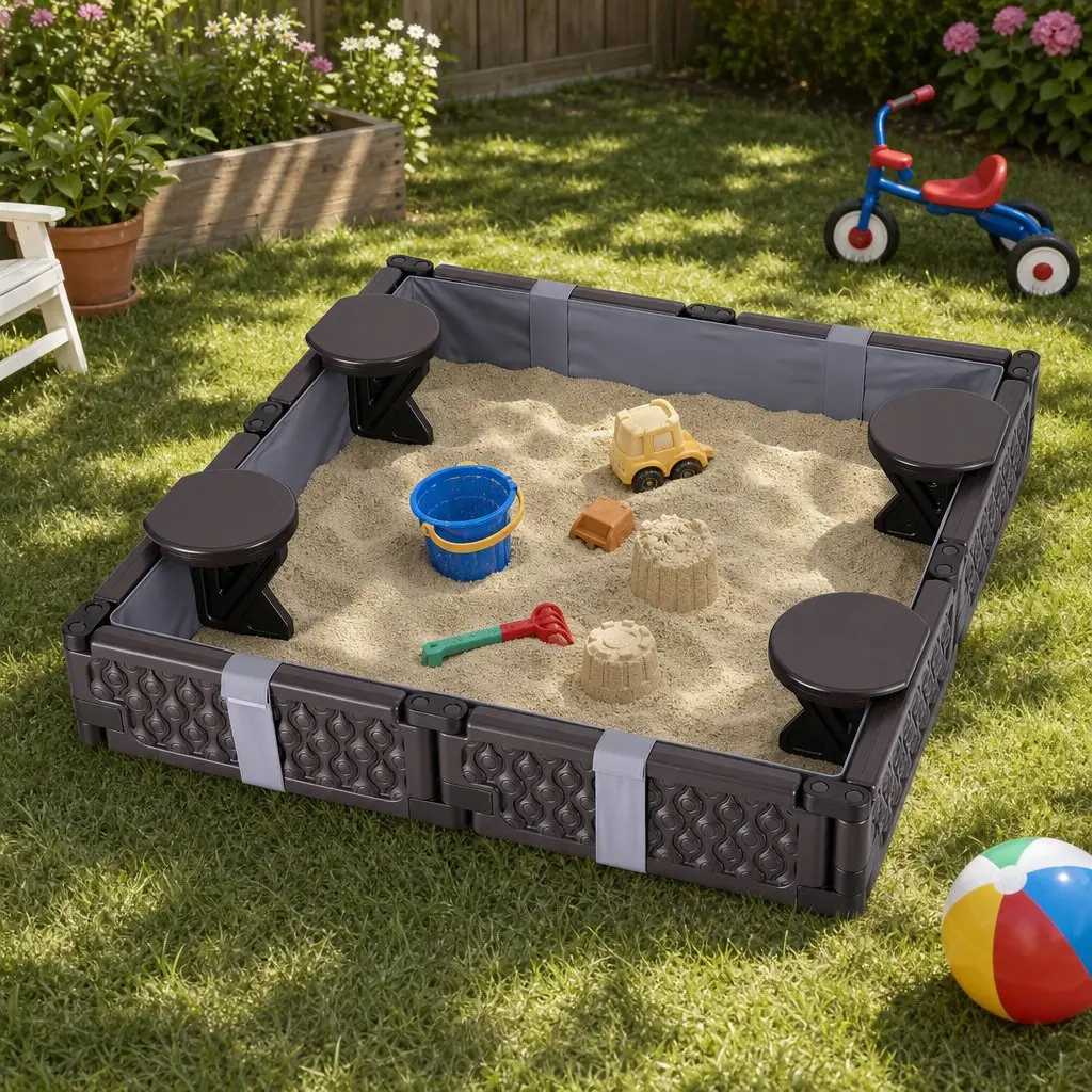 Kids Sandbox Outdoor Square Sandpit with 4 Seats Brown and Grey Liner Cover