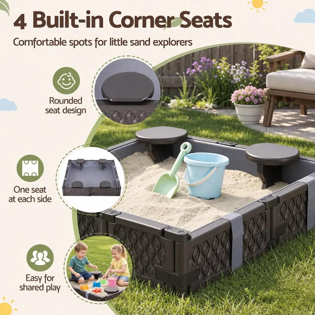 Kids Sandbox Outdoor Square Sandpit with 4 Seats Brown and Grey Liner Cover