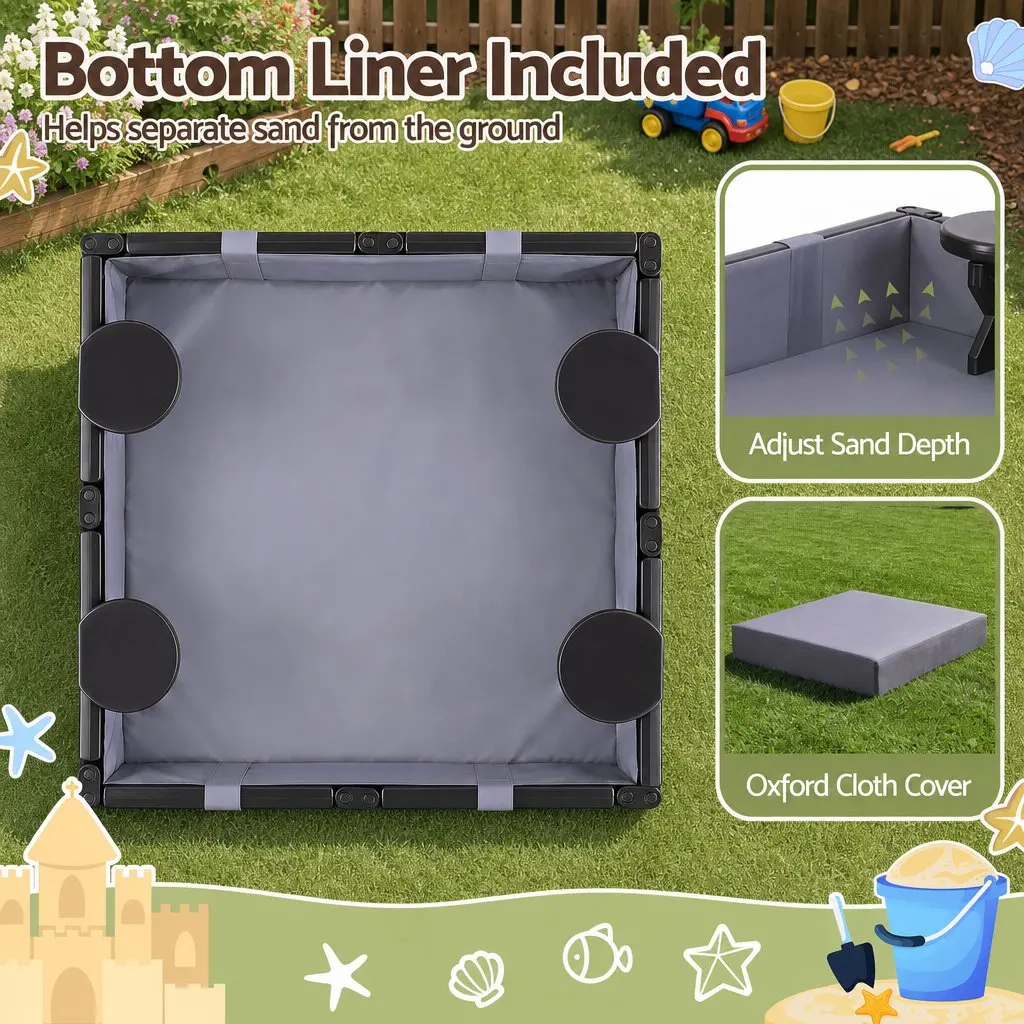 Kids Sandbox Outdoor Square Sandpit with 4 Seats Brown and Grey Liner Cover