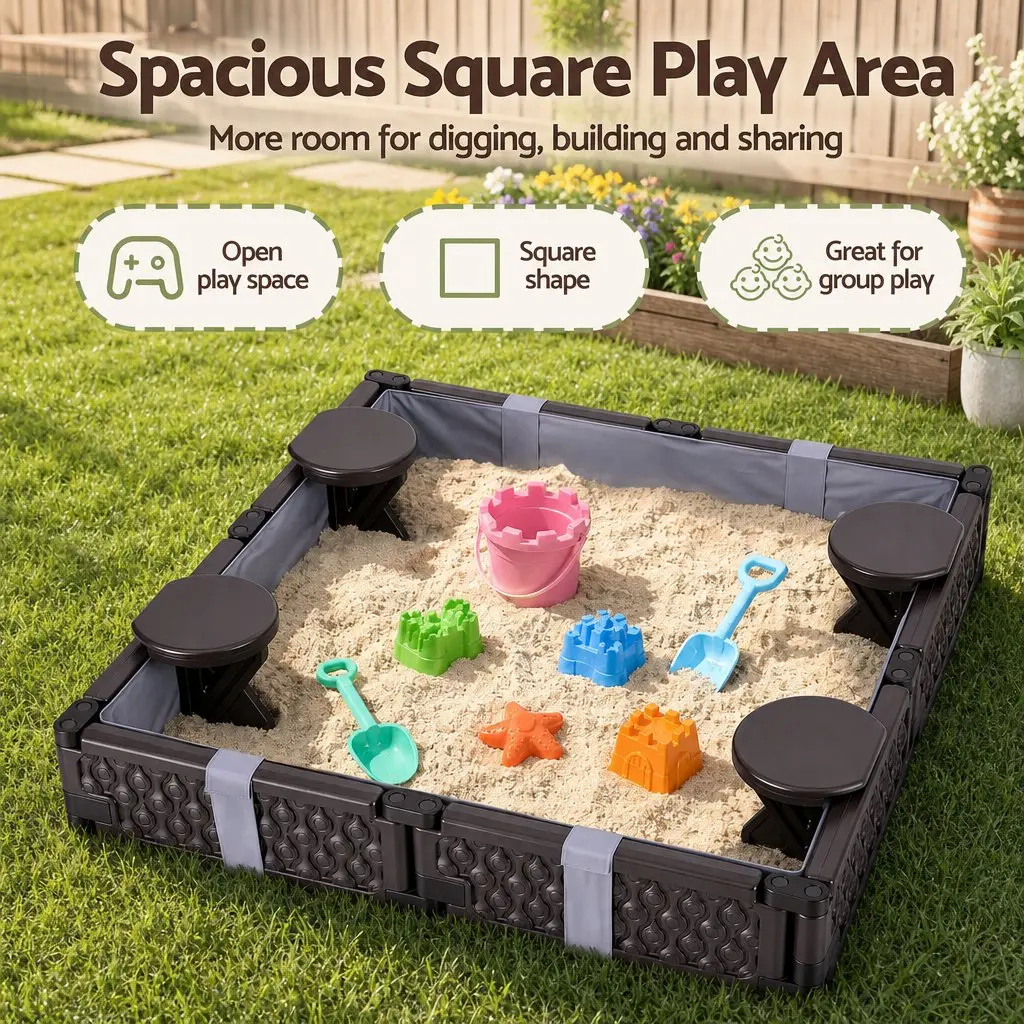 Kids Sandbox Outdoor Square Sandpit with 4 Seats Brown and Grey Liner Cover