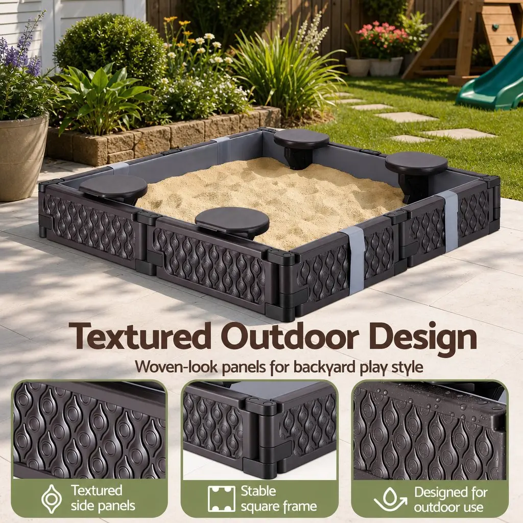 Kids Sandbox Outdoor Square Sandpit with 4 Seats Brown and Grey Liner Cover