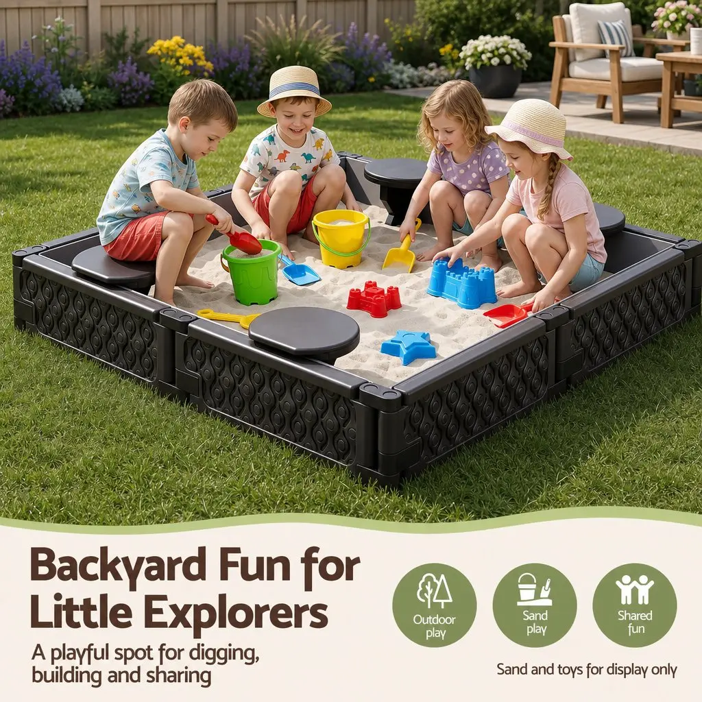 Kids Sandbox Outdoor Square Sandpit with 4 Seats Brown and Grey Liner Cover