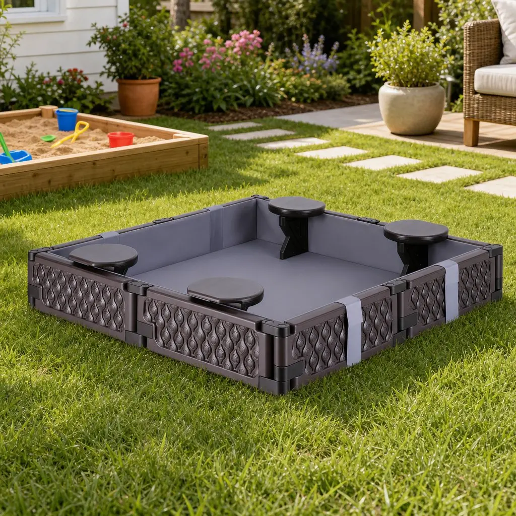 Kids Sandbox Outdoor Square Sandpit with 4 Seats Brown and Grey Liner Cover