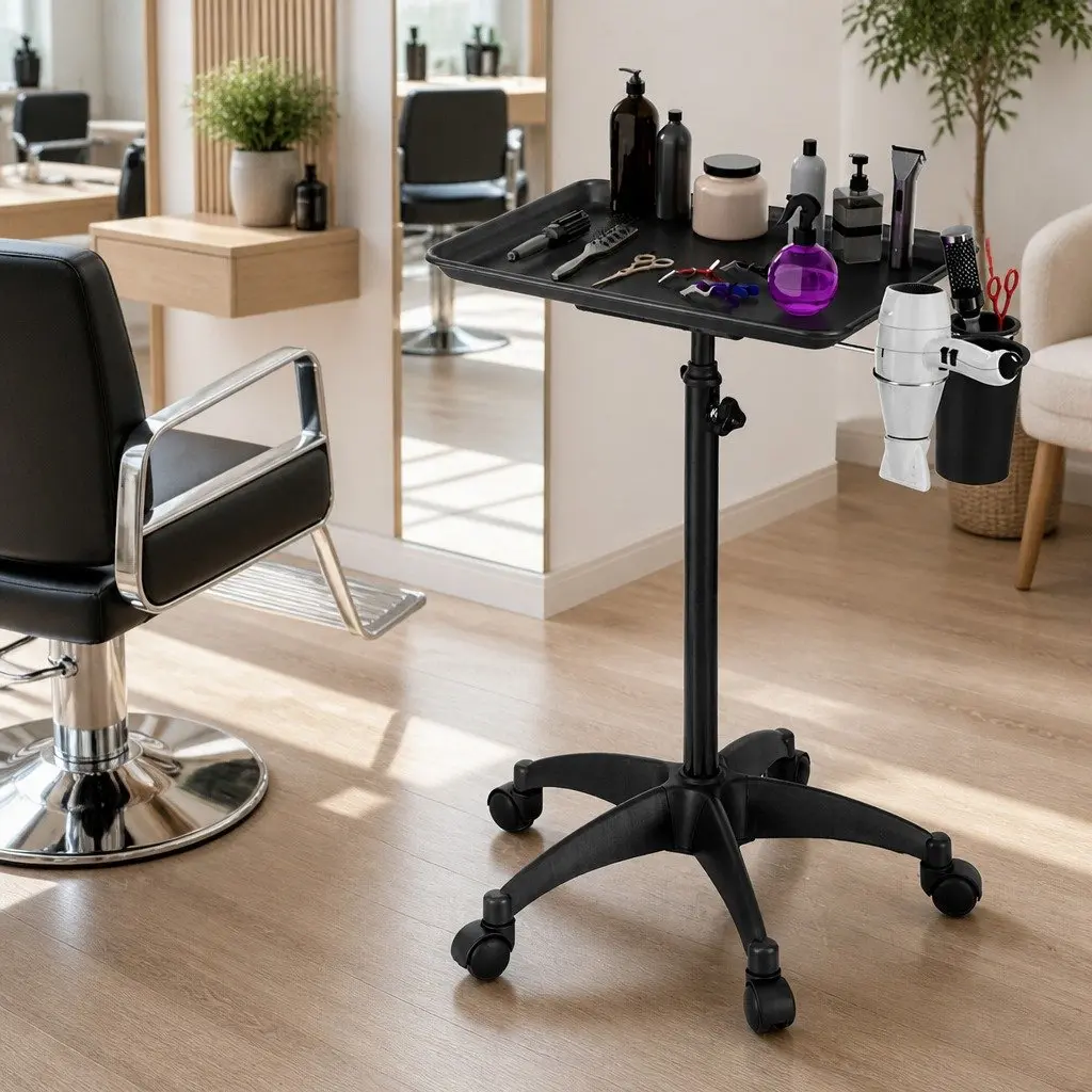 Salon Trolley Cart Beauty Hairdressing Storage Tray Adjustable Height Five Wheels Black