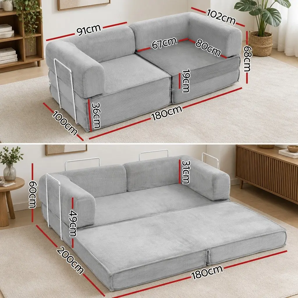 Convertible Sofa Bed Grey 2-Seater Sleeper Couch Steel Frame