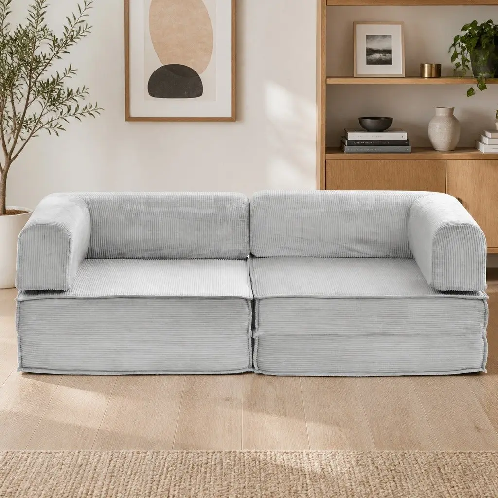 Convertible Sofa Bed Grey 2-Seater Sleeper Couch Steel Frame