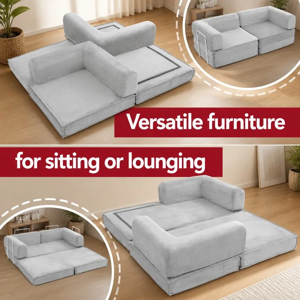 Convertible Sofa Bed Grey 2-Seater Sleeper Couch Steel Frame