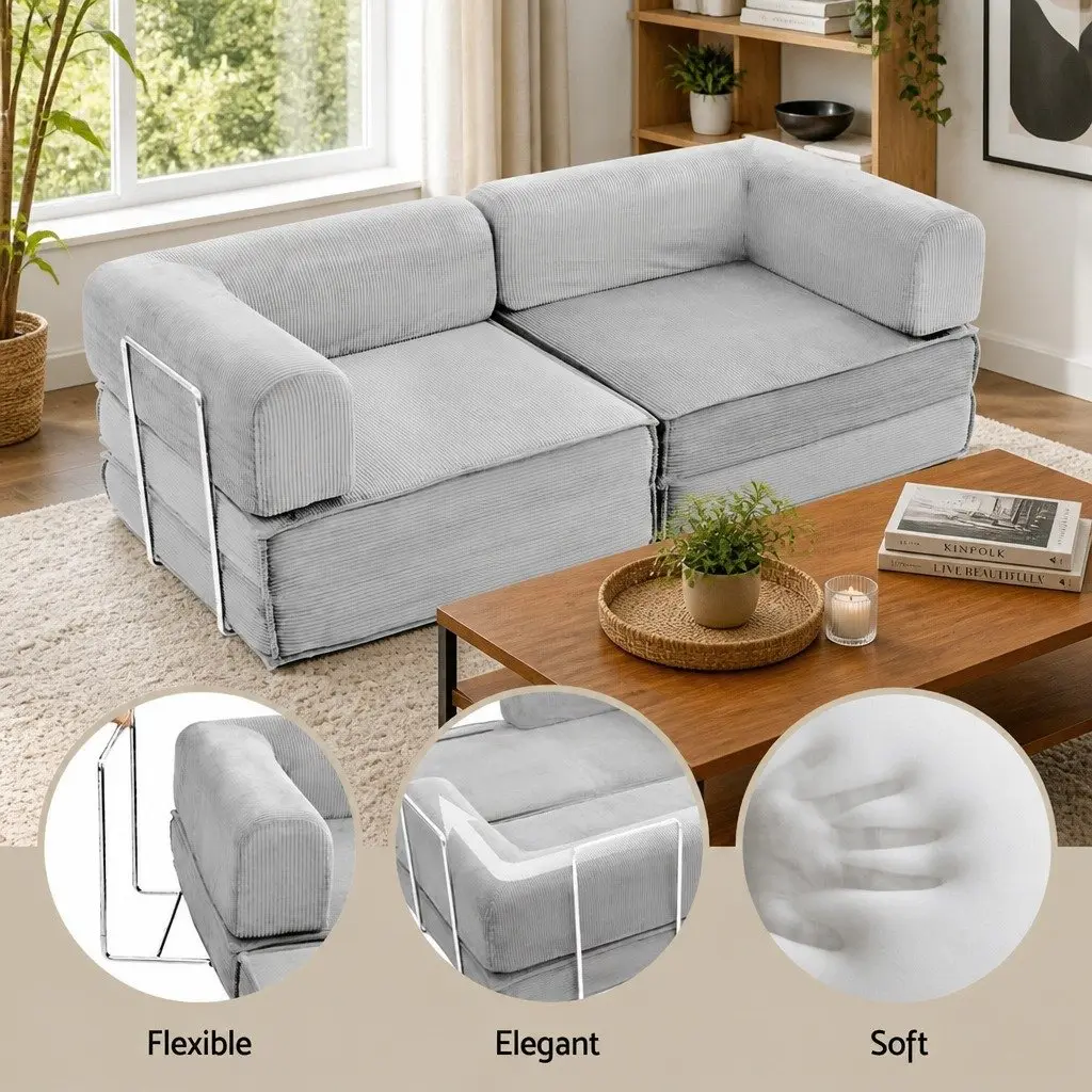 Convertible Sofa Bed Grey 2-Seater Sleeper Couch Steel Frame