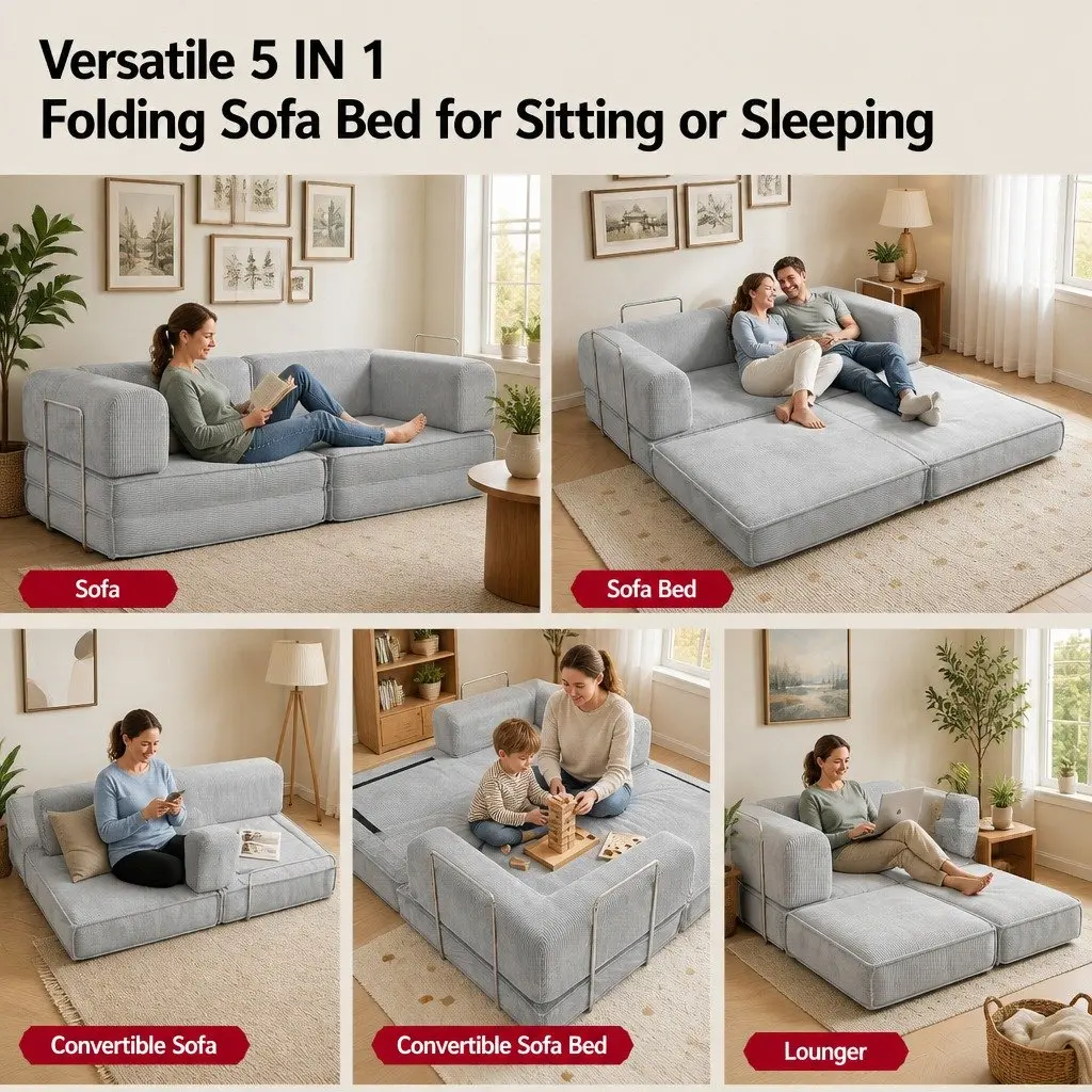 Convertible Sofa Bed Grey 2-Seater Sleeper Couch Steel Frame