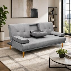 3-Seater Sofa Bed 188cm Grey Faux Linen Convertible Couch Adjustable Backrest