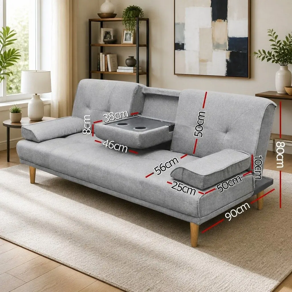 3-Seater Sofa Bed 188cm Grey Faux Linen Convertible Couch Adjustable Backrest