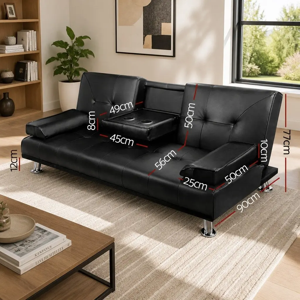 3 Seater Sofa Bed Convertible Lounge Recliner Black Faux Leather