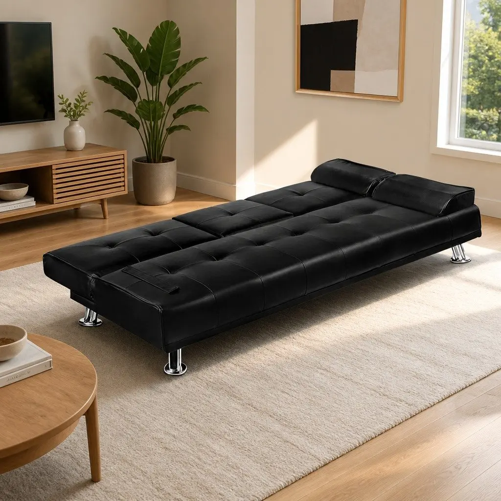 3 Seater Sofa Bed Convertible Lounge Recliner Black Faux Leather