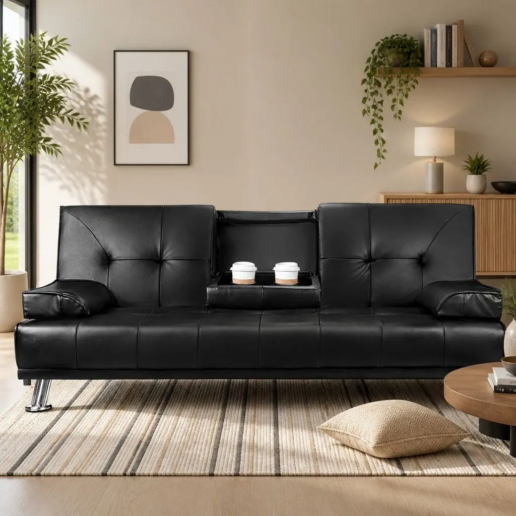 3 Seater Sofa Bed Convertible Lounge Recliner Black Faux Leather
