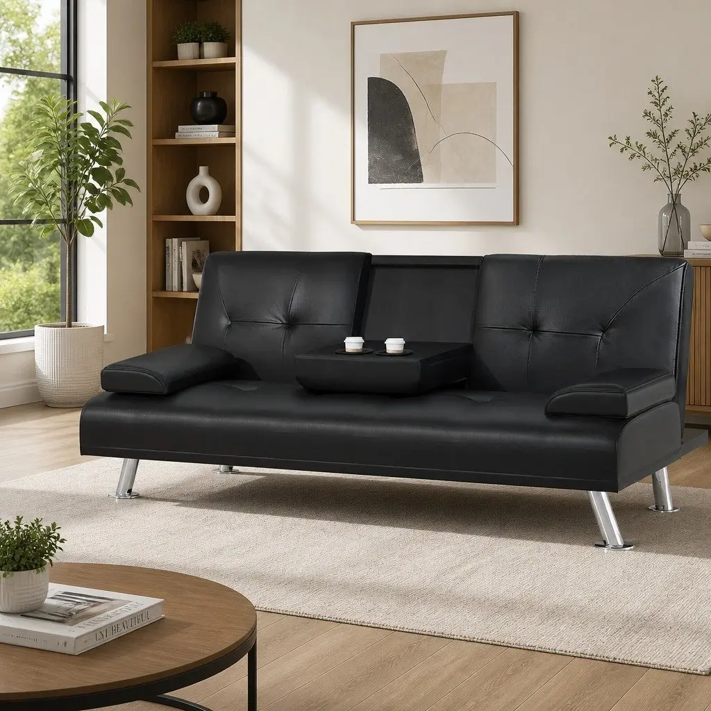 3 Seater Sofa Bed Convertible Lounge Recliner Black Faux Leather