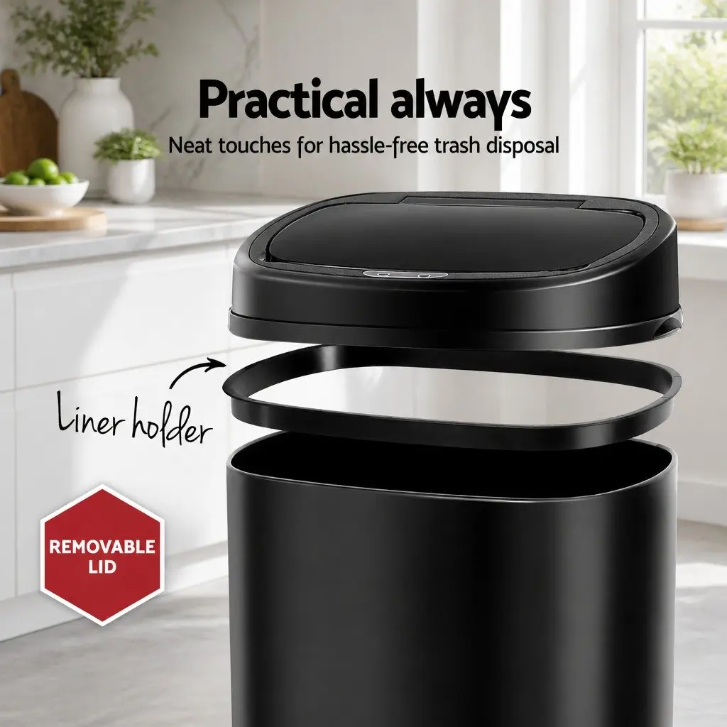 Automatic Rubbish Bin Motion Sensor 58L Hands-Free Kitchen Waste Black Steel