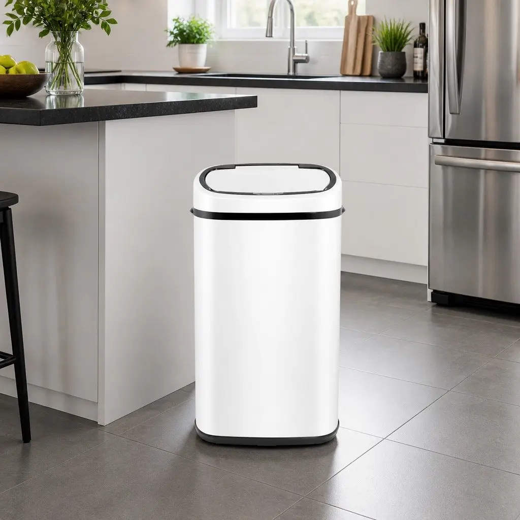 Automatic Motion Sensor Rubbish Bin 58L Hands-Free Kitchen Waste White Steel