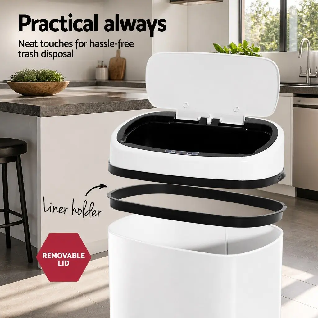 Automatic Motion Sensor Rubbish Bin 58L Hands-Free Kitchen Waste White Steel