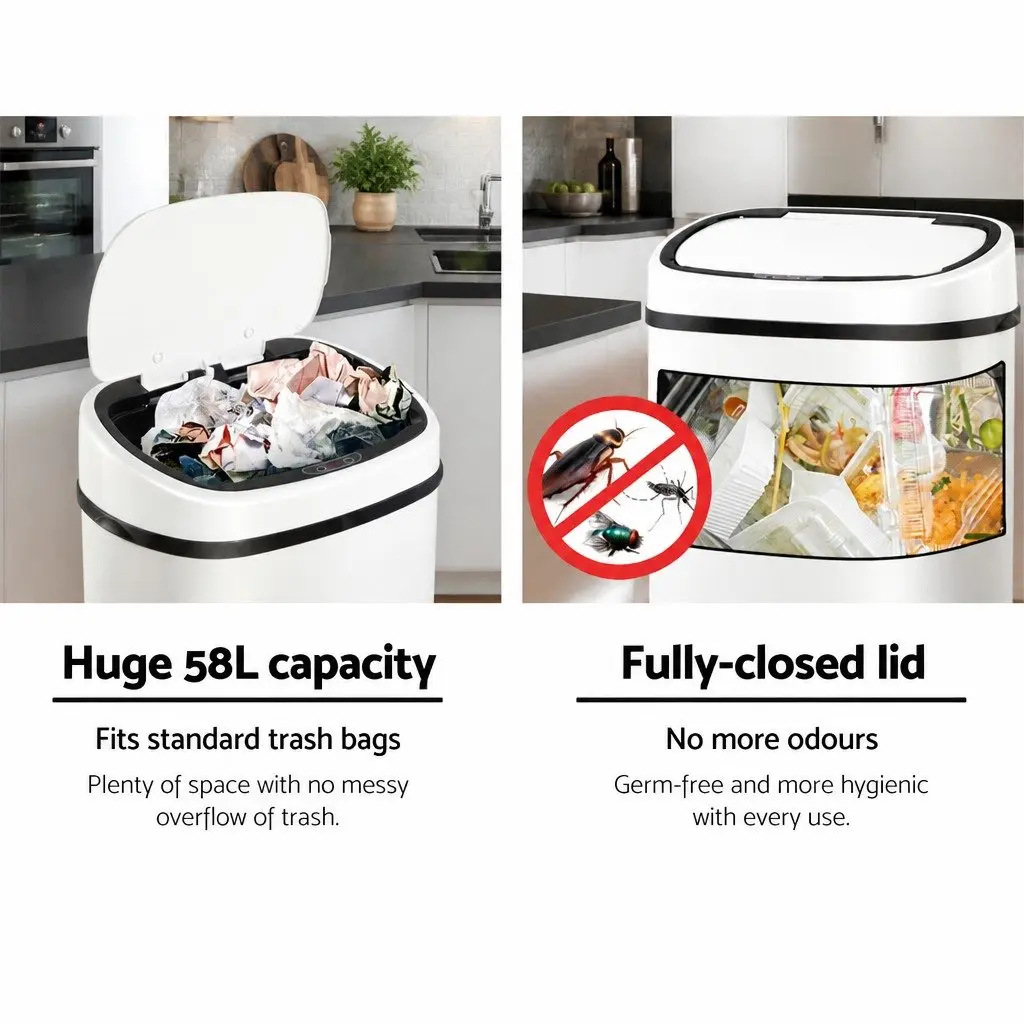 Automatic Motion Sensor Rubbish Bin 58L Hands-Free Kitchen Waste White Steel
