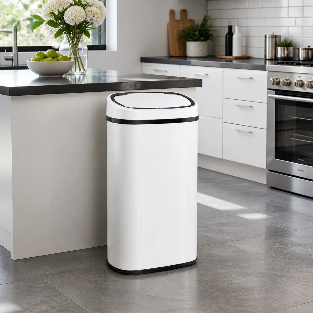 Automatic Motion Sensor Rubbish Bin 58L Hands-Free Kitchen Waste White Steel