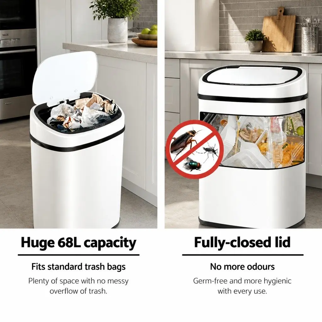 Automatic Rubbish Bin Motion Sensor 68L Kitchen Hands-Free White Steel